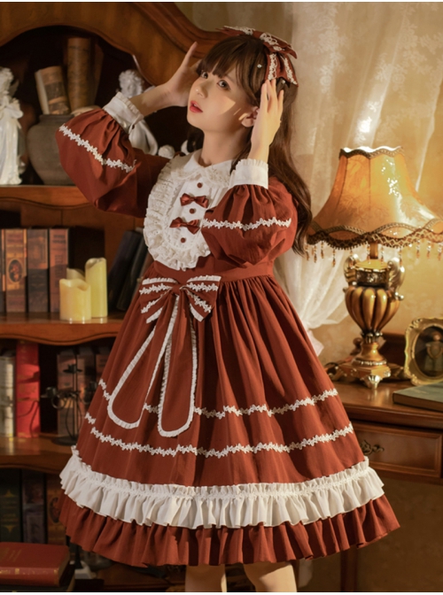 Pastoral Rabbit Series OP Pleated Ruffle Doll Collar Big Bowknot Hem Pleats Classic Lolita Long Sleeve Dress