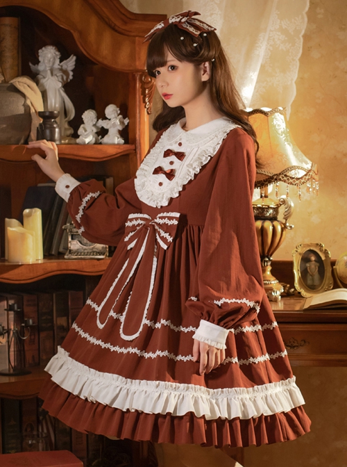 Pastoral Rabbit Series OP Pleated Ruffle Doll Collar Big Bowknot Hem Pleats Classic Lolita Long Sleeve Dress