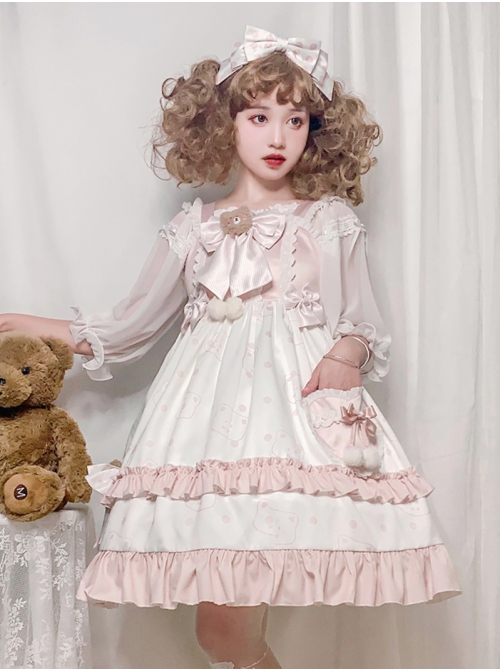 Cat Ear Girl Series JSK Summer Daily Princess Dress Two-stage Hem High Waist Plaid lovely Little Bear head bowknot Sweet Lolita Sling Dress