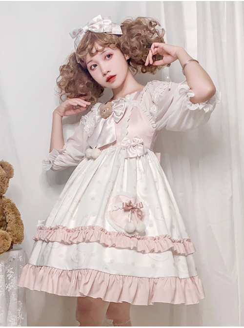 Cat Ear Girl Series JSK Summer Daily Princess Dress Two-stage Hem High Waist Plaid lovely Little Bear head bowknot Sweet Lolita Sling Dress