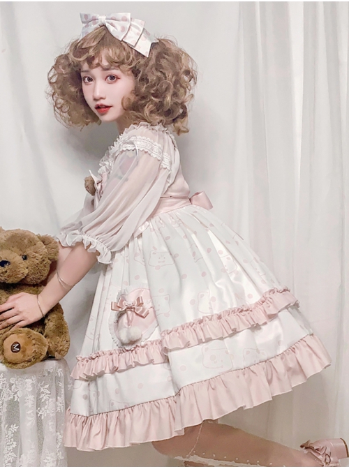 Cat Ear Girl Series JSK Summer Daily Princess Dress Two-stage Hem High Waist Plaid lovely Little Bear head bowknot Sweet Lolita Sling Dress