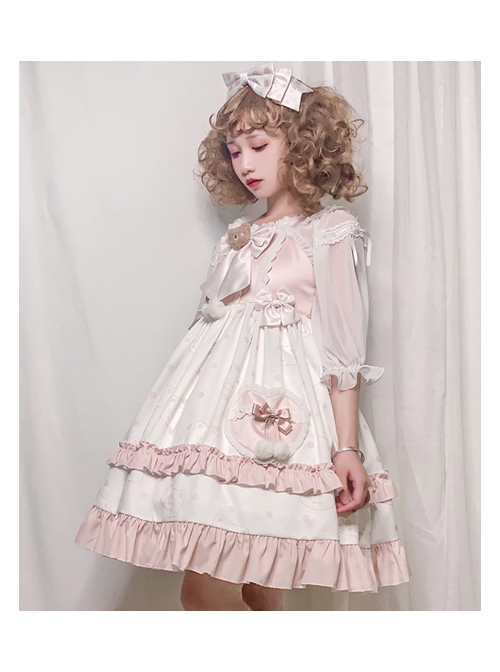 Cat Ear Girl Series JSK Summer Daily Princess Dress Two-stage Hem High Waist Plaid lovely Little Bear head bowknot Sweet Lolita Sling Dress