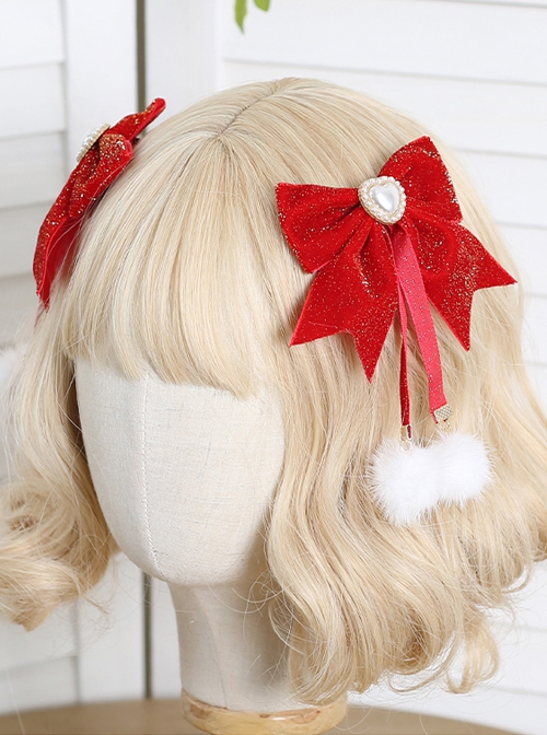 Velvet Red Chinese Style Bowknot Heart-Shaped Pearl Plush Ball Pendant Sweet Lolita Hairpins