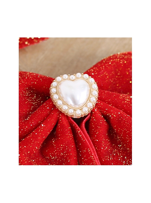 Velvet Red Chinese Style Bowknot Heart-Shaped Pearl Plush Ball Pendant Sweet Lolita Hairpins