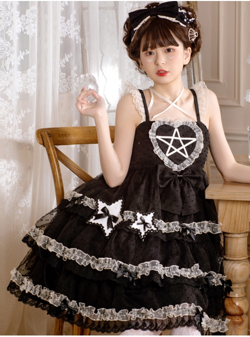 Dumeisha's Star Wish Series JSK Cute Black Bowknot Ruffles Three-stage Hem Suspender Skirt Sweet Lolita Dress