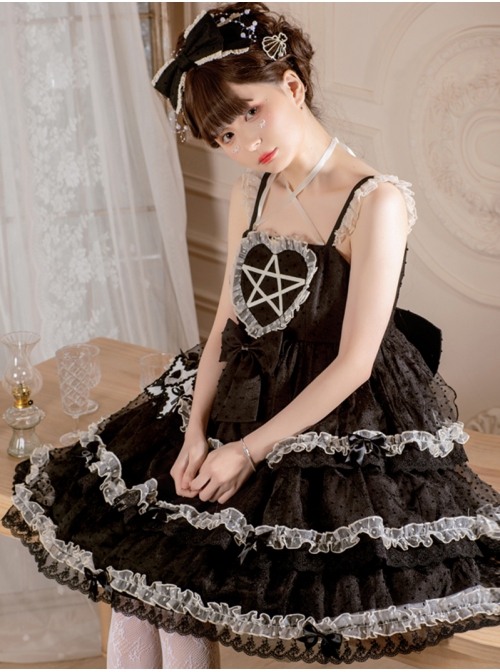 Dumeisha's Star Wish Series JSK Cute Black Bowknot Ruffles Three-stage Hem Suspender Skirt Sweet Lolita Dress