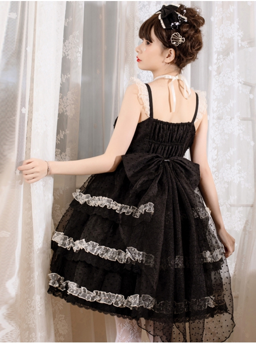 Dumeisha's Star Wish Series JSK Cute Black Bowknot Ruffles Three-stage Hem Suspender Skirt Sweet Lolita Dress