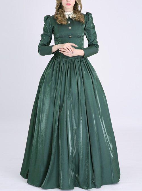 Palace Style Dark Green A-shaped Long Dress American Retro Lantern Sleeves Lace Stand Collar Lolita Prom Dress