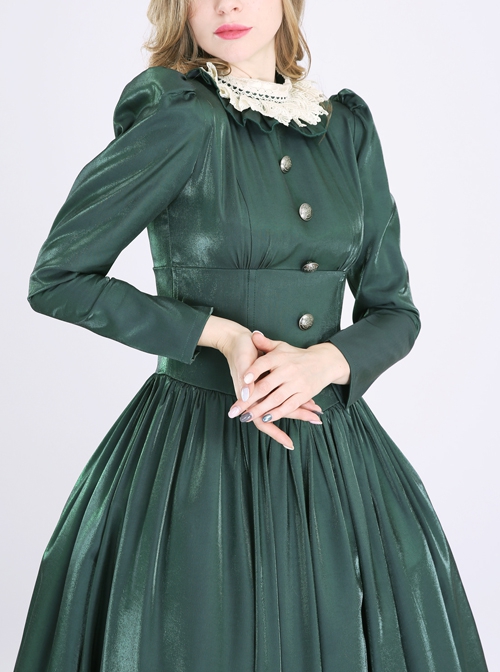 Palace Style Dark Green A-shaped Long Dress American Retro Lantern Sleeves Lace Stand Collar Lolita Prom Dress