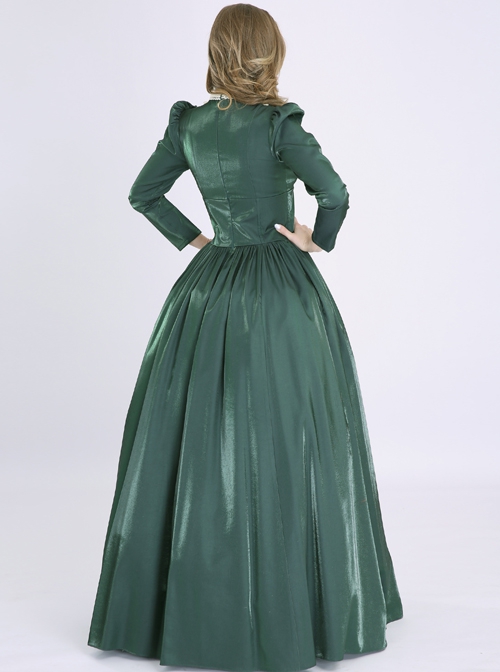 Palace Style Dark Green A-shaped Long Dress American Retro Lantern Sleeves Lace Stand Collar Lolita Prom Dress