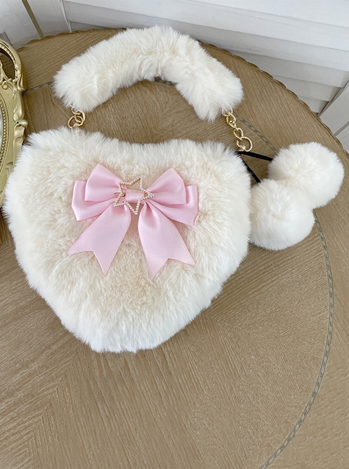 Cute Heart-Shaped Plush Balls Bowknot Metal Star Decoration Sweet Lolita Handbag