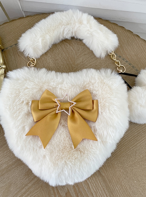 Cute Heart-Shaped Plush Balls Bowknot Metal Star Decoration Sweet Lolita Handbag