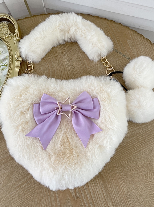 Cute Heart-Shaped Plush Balls Bowknot Metal Star Decoration Sweet Lolita Handbag