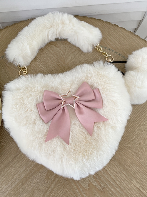 Cute Heart-Shaped Plush Balls Bowknot Metal Star Decoration Sweet Lolita Handbag