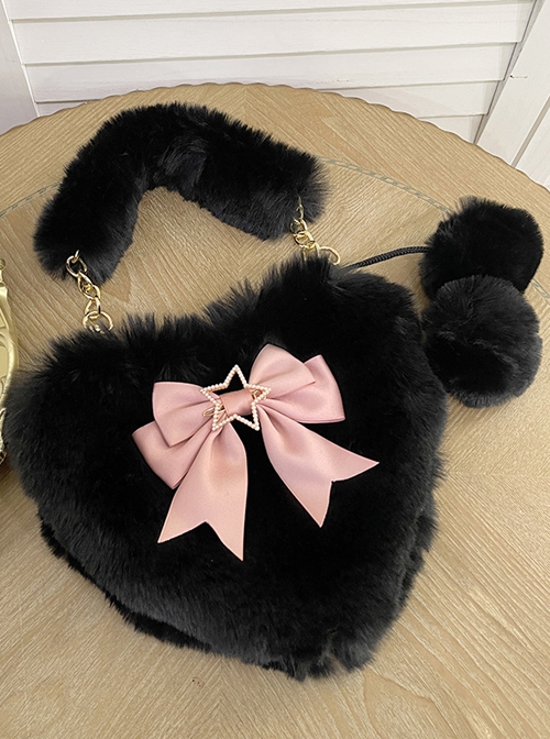 Cute Heart-Shaped Plush Balls Bowknot Metal Star Decoration Sweet Lolita Handbag