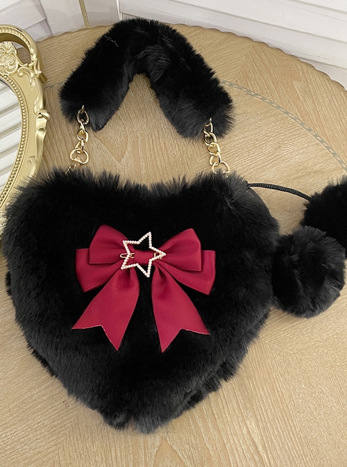 Cute Heart-Shaped Plush Balls Bowknot Metal Star Decoration Sweet Lolita Handbag