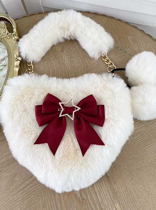 Cute Heart-Shaped Plush Balls Bowknot Metal Star Decoration Sweet Lolita Handbag