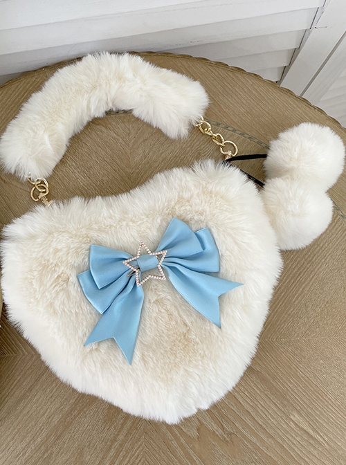 Cute Heart-Shaped Plush Balls Bowknot Metal Star Decoration Sweet Lolita Handbag