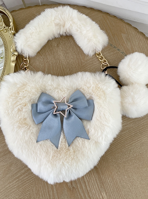 Cute Heart-Shaped Plush Balls Bowknot Metal Star Decoration Sweet Lolita Handbag