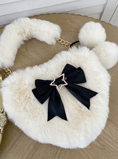 Cute Heart-Shaped Plush Balls Bowknot Metal Star Decoration Sweet Lolita Handbag