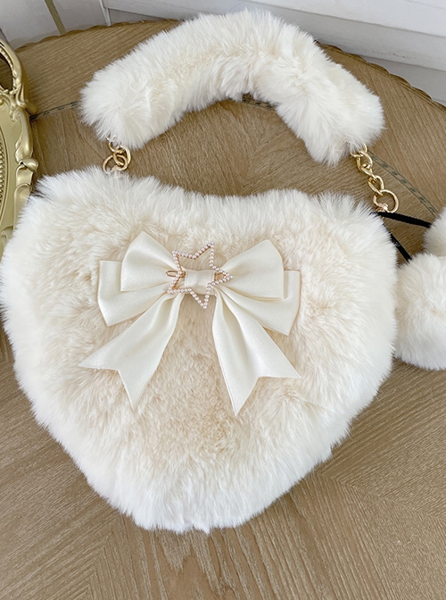 Cute Heart-Shaped Plush Balls Bowknot Metal Star Decoration Sweet Lolita Handbag