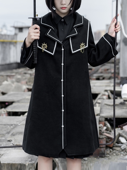 Holy Grail Series JK Uniform Medium Length Sweet Loose-fitting Autumn Winter Thickened Single-breasted Black Woollen College Style Coat