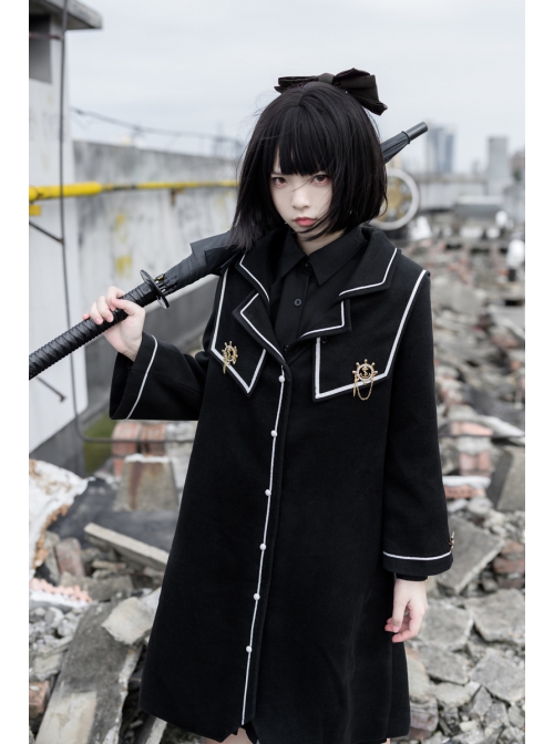 Holy Grail Series JK Uniform Medium Length Sweet Loose-fitting Autumn Winter Thickened Single-breasted Black Woollen College Style Coat
