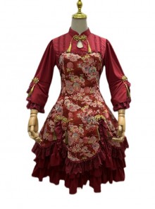 Flying Flower Command Series OP Chinese Style Elegant Printing Tassel Disc Buckle Hem Folds Classic Lolita Long Sleeve Dress