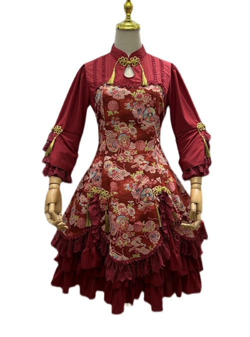 Flying Flower Command Series OP Chinese Style Elegant Printing Tassel Disc Buckle Hem Folds Classic Lolita Long Sleeve Dress