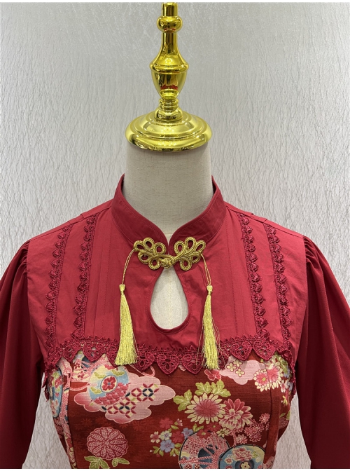 Flying Flower Command Series OP Chinese Style Elegant Printing Tassel Disc Buckle Hem Folds Classic Lolita Long Sleeve Dress
