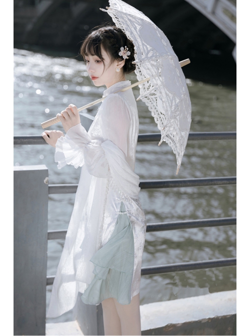 Mirror Flower Water Moon Series Chinese Style Cheongsam Elegant Jacquard Handmade Tassel Disc Buckle Long Sleeve Dress Set
