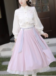 Sakura Story Series Chinese Style Improved Hanfu Elegant Butterfly Embroidery Stand Collar Metal Buckle Long Sleeve Shirt Tie Rope Pleated Skirt Set