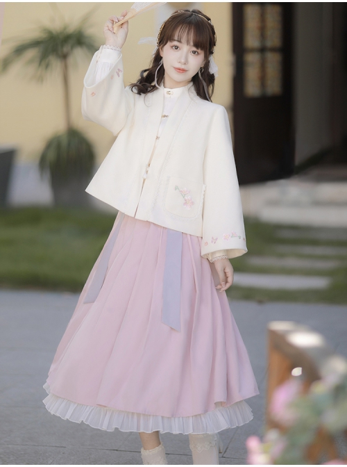 Sakura Story Series Chinese Style Improved Hanfu Elegant Butterfly Embroidery Stand Collar Metal Buckle Long Sleeve Shirt Tie Rope Pleated Skirt Set