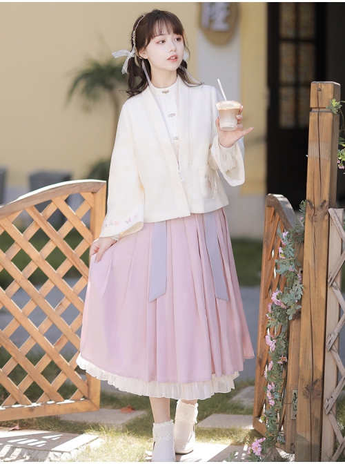 Sakura Story Series Chinese Style Improved Hanfu Elegant Butterfly Embroidery Stand Collar Metal Buckle Long Sleeve Shirt Tie Rope Pleated Skirt Set