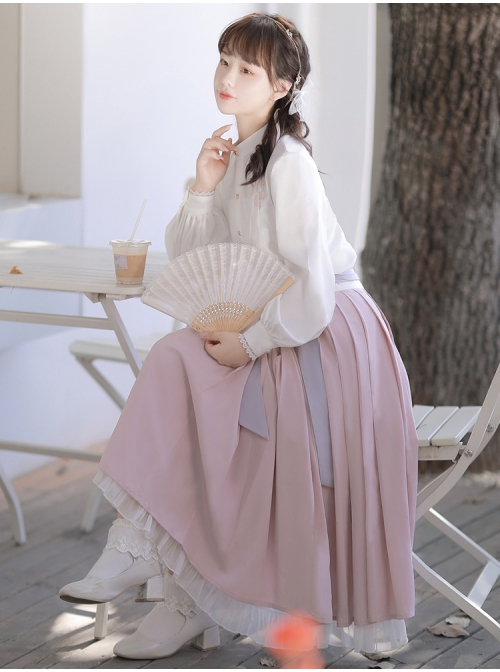 Sakura Story Series Chinese Style Improved Hanfu Elegant Butterfly Embroidery Stand Collar Metal Buckle Long Sleeve Shirt Tie Rope Pleated Skirt Set