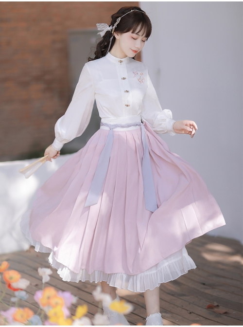 Sakura Story Series Chinese Style Improved Hanfu Elegant Butterfly Embroidery Stand Collar Metal Buckle Long Sleeve Shirt Tie Rope Pleated Skirt Set