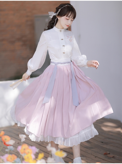 Sakura Story Series Chinese Style Improved Hanfu Elegant Butterfly Embroidery Stand Collar Metal Buckle Long Sleeve Shirt Tie Rope Pleated Skirt Set