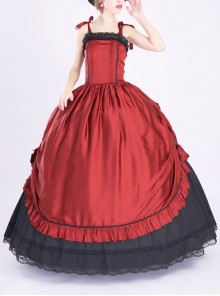 Party Wedding Vintage Wine Red Sleeveless Bowknot Bandage Fluffy Mercerized Satin Lolita Prom Long Dress