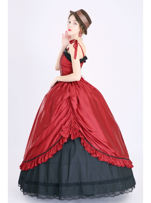 Party Wedding Vintage Wine Red Sleeveless Bowknot Bandage Fluffy Mercerized Satin Lolita Prom Long Dress