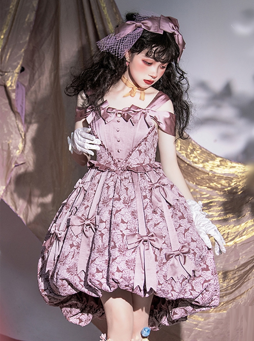 Vanity Movement Series Sweet Lolita Bowknots Pendant Jacquard Embroidery Bud Type Pleated Sling Dress Set