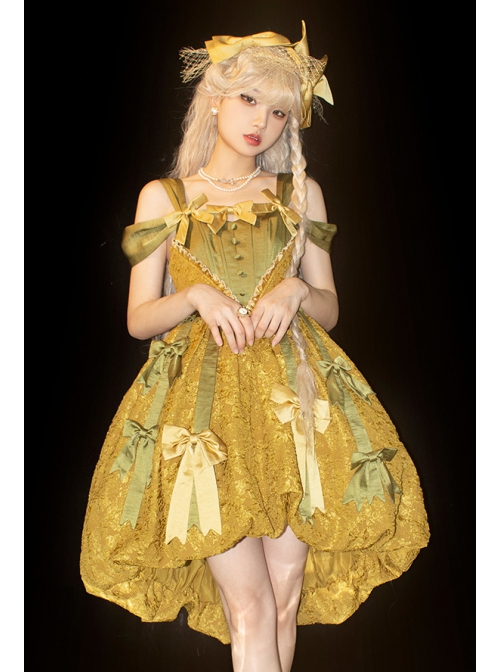 Vanity Movement Series Sweet Lolita Bowknots Pendant Jacquard Embroidery Bud Type Pleated Sling Dress Set