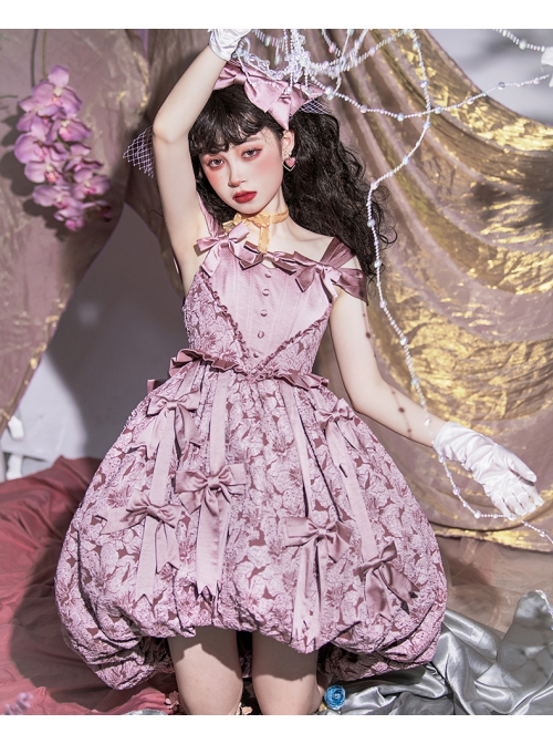 Vanity Movement Series Sweet Lolita Bowknots Pendant Jacquard Embroidery Bud Type Pleated Sling Dress Set