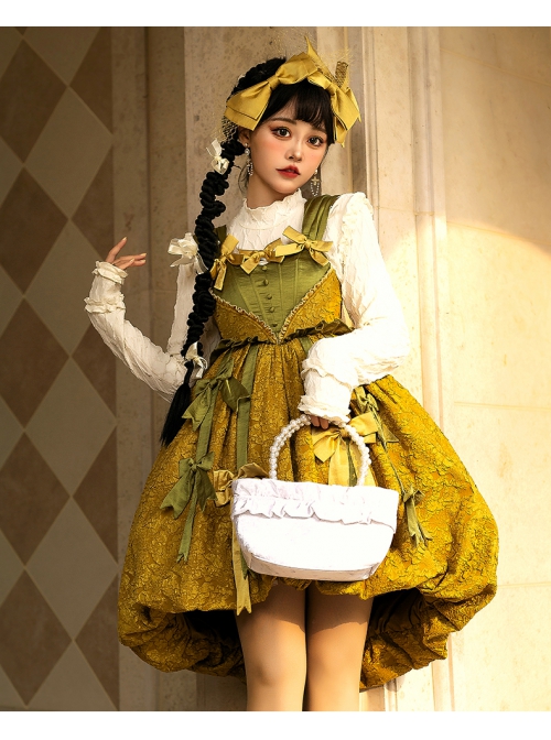 Vanity Movement Series Sweet Lolita Bowknots Pendant Jacquard Embroidery Bud Type Pleated Sling Dress Set