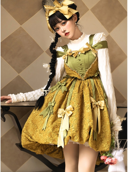 Vanity Movement Series Sweet Lolita Bowknots Pendant Jacquard Embroidery Bud Type Pleated Sling Dress Set