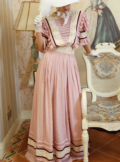 Manta Rose Series Commuter Tea Break A-shaped Middle Waist Square Collar Pink Cotton Flounce Lantern Sleeve Lolita Prom Long Dress