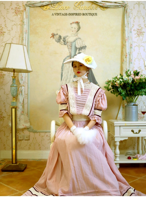 Manta Rose Series Commuter Tea Break A-shaped Middle Waist Square Collar Pink Cotton Flounce Lantern Sleeve Lolita Prom Long Dress