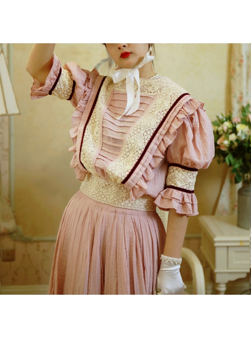 Manta Rose Series Commuter Tea Break A-shaped Middle Waist Square Collar Pink Cotton Flounce Lantern Sleeve Lolita Prom Long Dress