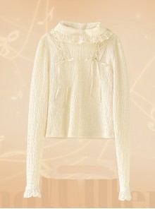 Solid Color Classic Lolita Cross Rope Bowknot Pleated Knitted Lace Turtleneck Long-Sleeved Shirt