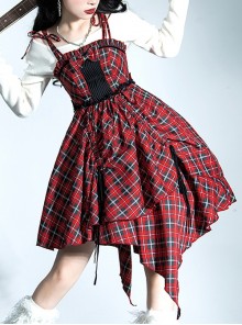 Punk Lolita Bowknot Plaid Black Single Row Pleats Double Lace Drawstring Irregular Hem Design Sling Dress