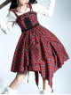 Punk Lolita Bowknot Plaid Black Single Row Pleats Double Lace Drawstring Irregular Hem Design Sling Dress